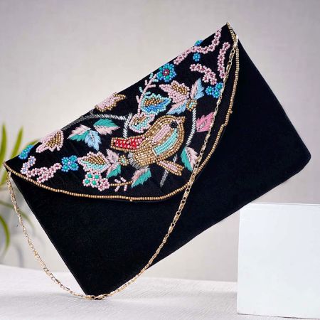Black Beaded Cotton Sling Bag For Women With Bird Design 
